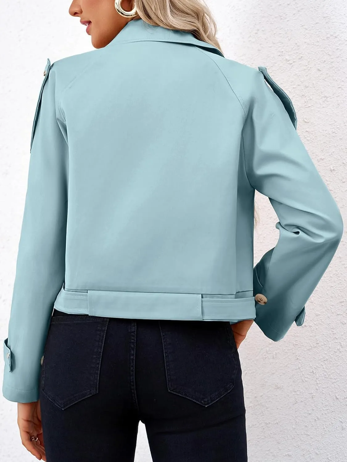 Imily Bela Womens Lapel Trench Coat Double Breasted Cropped Jacket Casual Outwear with Belt