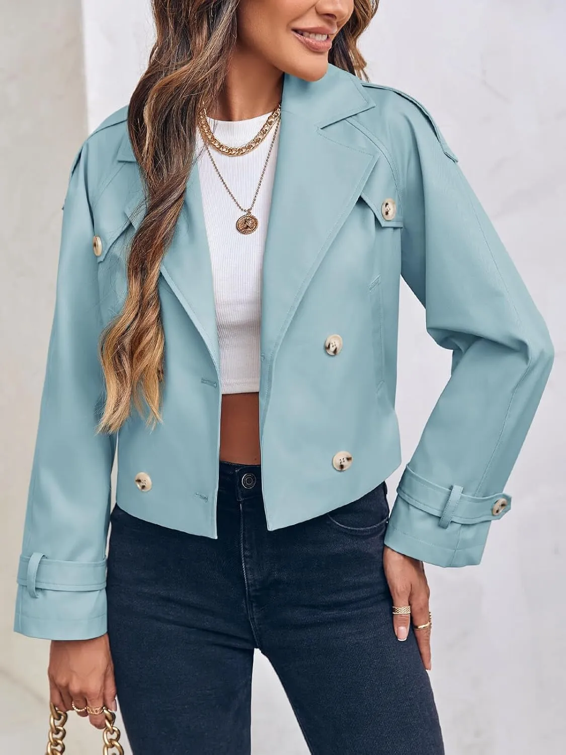 Imily Bela Womens Lapel Trench Coat Double Breasted Cropped Jacket Casual Outwear with Belt