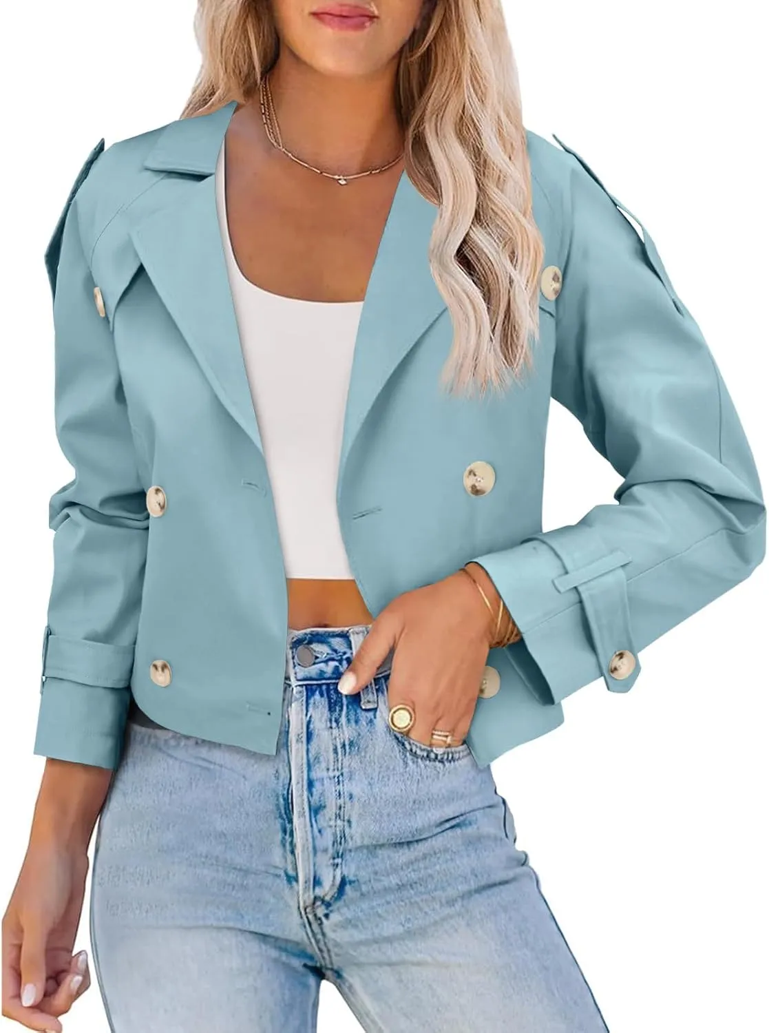 Imily Bela Womens Lapel Trench Coat Double Breasted Cropped Jacket Casual Outwear with Belt