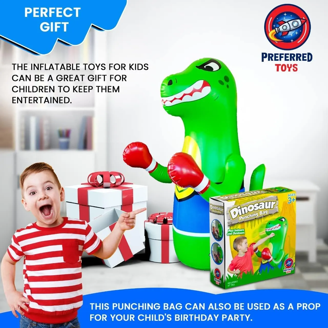 Inflatable Dinosaur Punching Bag for Kids – Bop Bag for Toddlers and Children Ages 3-14 – 47" Blow Up Toy with Bounce-Back Action – Fill Base with Sand or Water