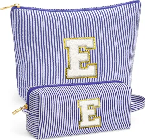 Initial Makeup Bag Set - Cute Blue Stuff for Women, Makeup Pouch Cosmetic Bag Small Makeup Bag for Purse, Travel Essentials Toiletry Bag for Women Birthday Gifts (Blue Letter E)