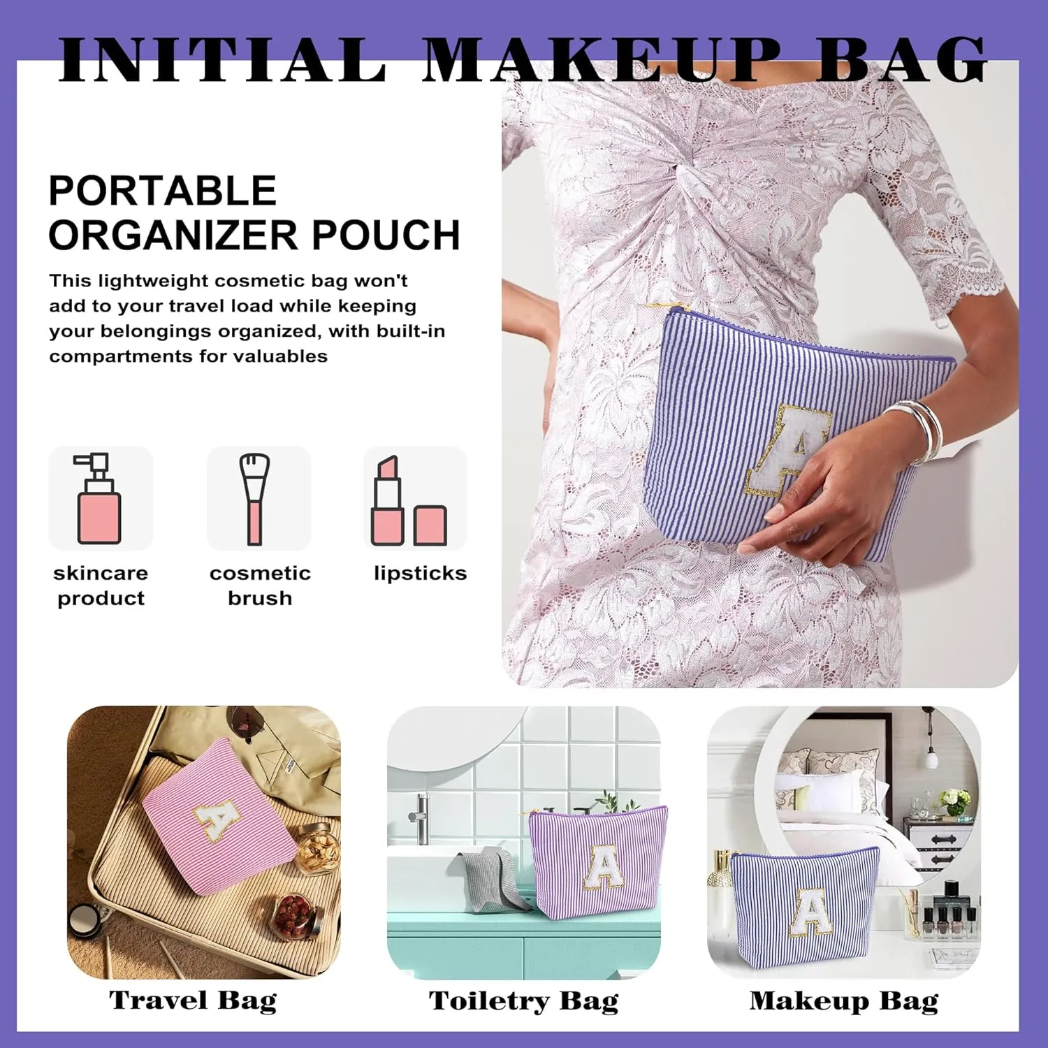 Initial Makeup Bag Set - Cute Blue Stuff for Women, Makeup Pouch Cosmetic Bag Small Makeup Bag for Purse, Travel Essentials Toiletry Bag for Women Birthday Gifts (Blue Letter E)