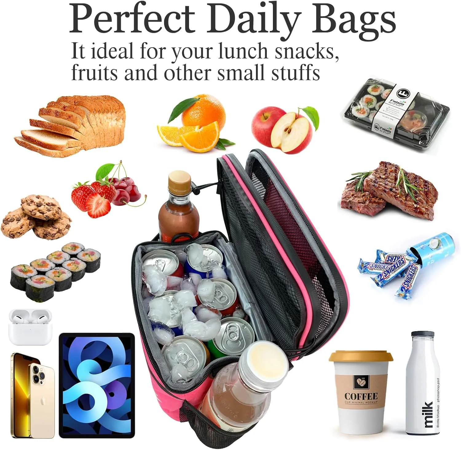 Insulated Lunch Bag Reusable Cooler Lunch Box Bag 6L Handbag Leakproof Thermal Cold Tote as a Bike Handlebar Bag for Travel Cycling Hiking Beach Work Picnic Women Girl Pink
