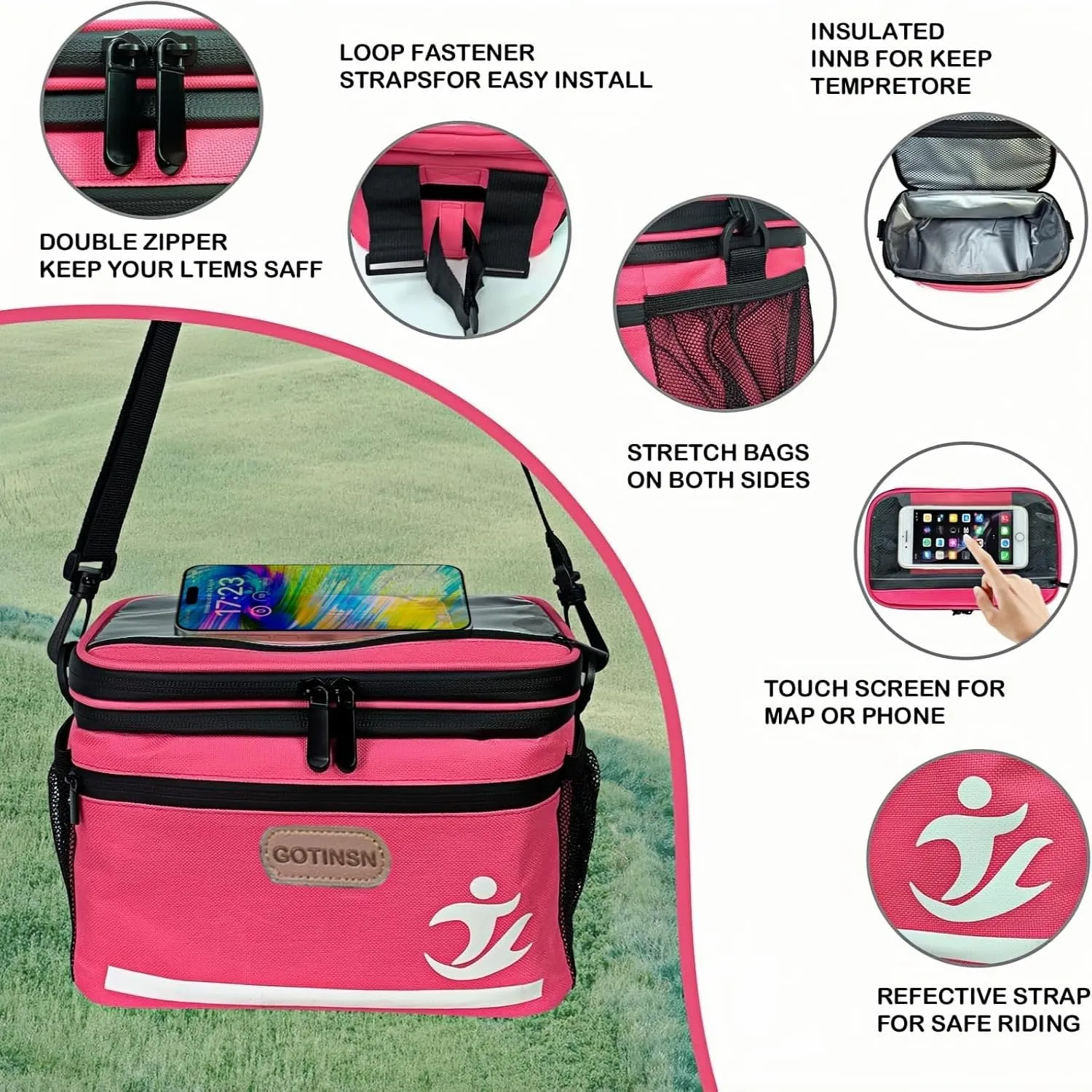 Insulated Lunch Bag Reusable Cooler Lunch Box Bag 6L Handbag Leakproof Thermal Cold Tote as a Bike Handlebar Bag for Travel Cycling Hiking Beach Work Picnic Women Girl Pink