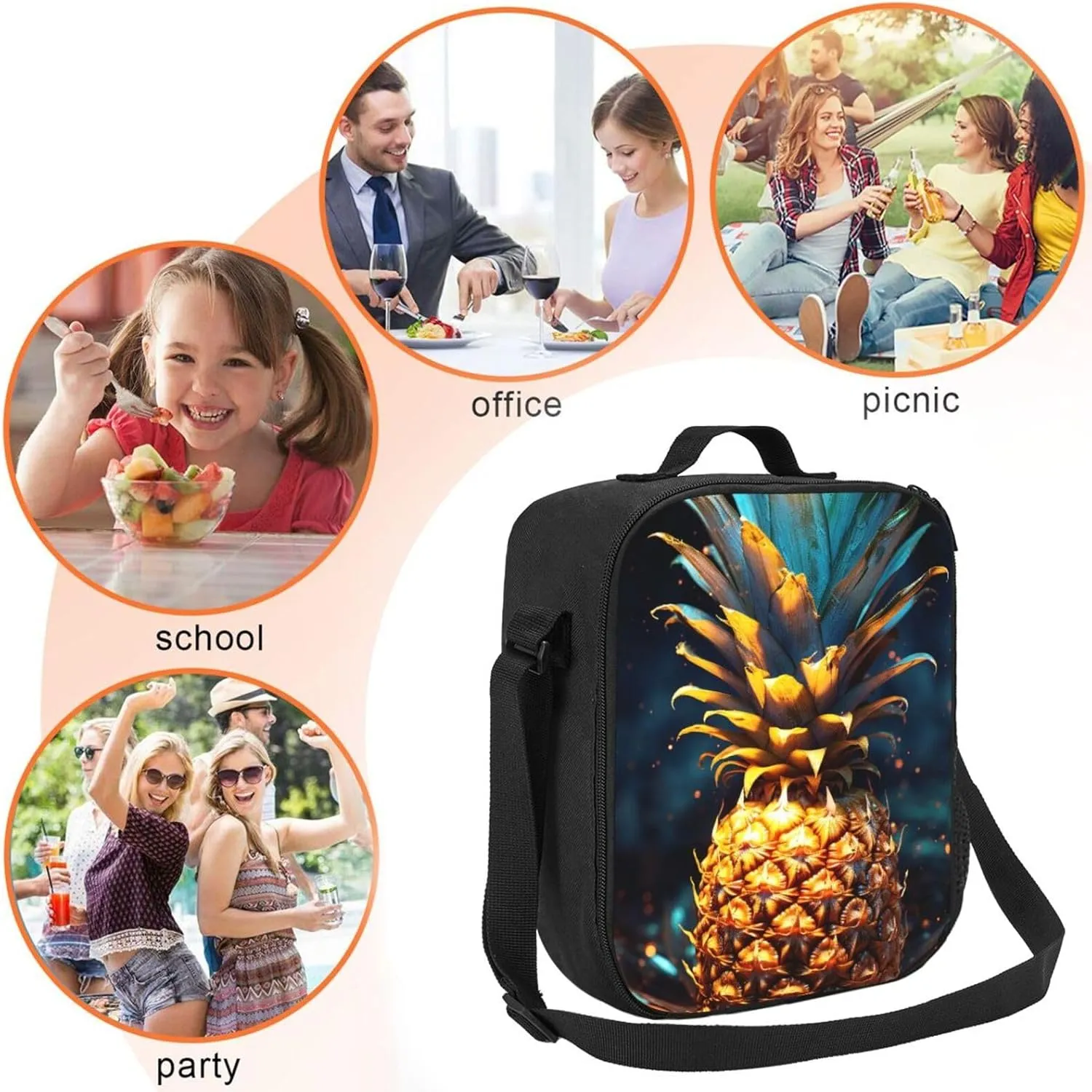 Insulated Lunch Bags for Women Flickering Pineapple Reusable Lunch Boxes Waterproof Shoulder Bag Lunch Cooler Bag for Work