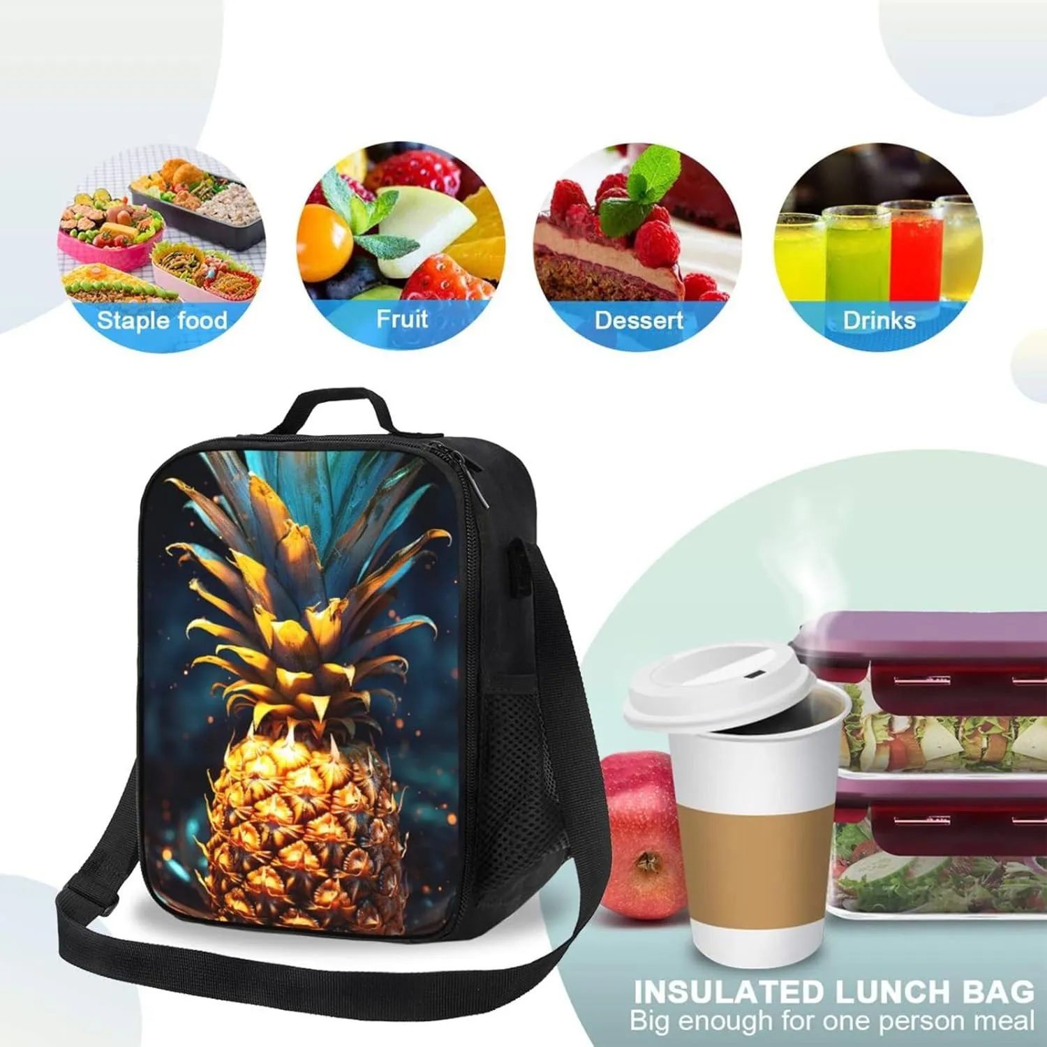 Insulated Lunch Bags for Women Flickering Pineapple Reusable Lunch Boxes Waterproof Shoulder Bag Lunch Cooler Bag for Work