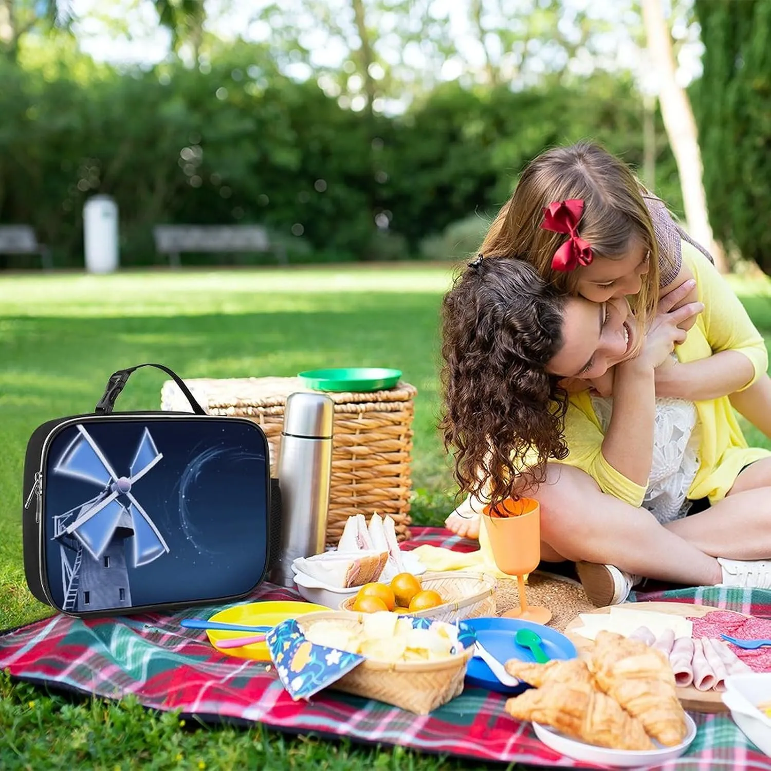 Insulated Lunch Bags for Women Windmill Blue Reusable Lunch Boxes Waterproof Shoulder Bag Lunch Cooler Bag for Work