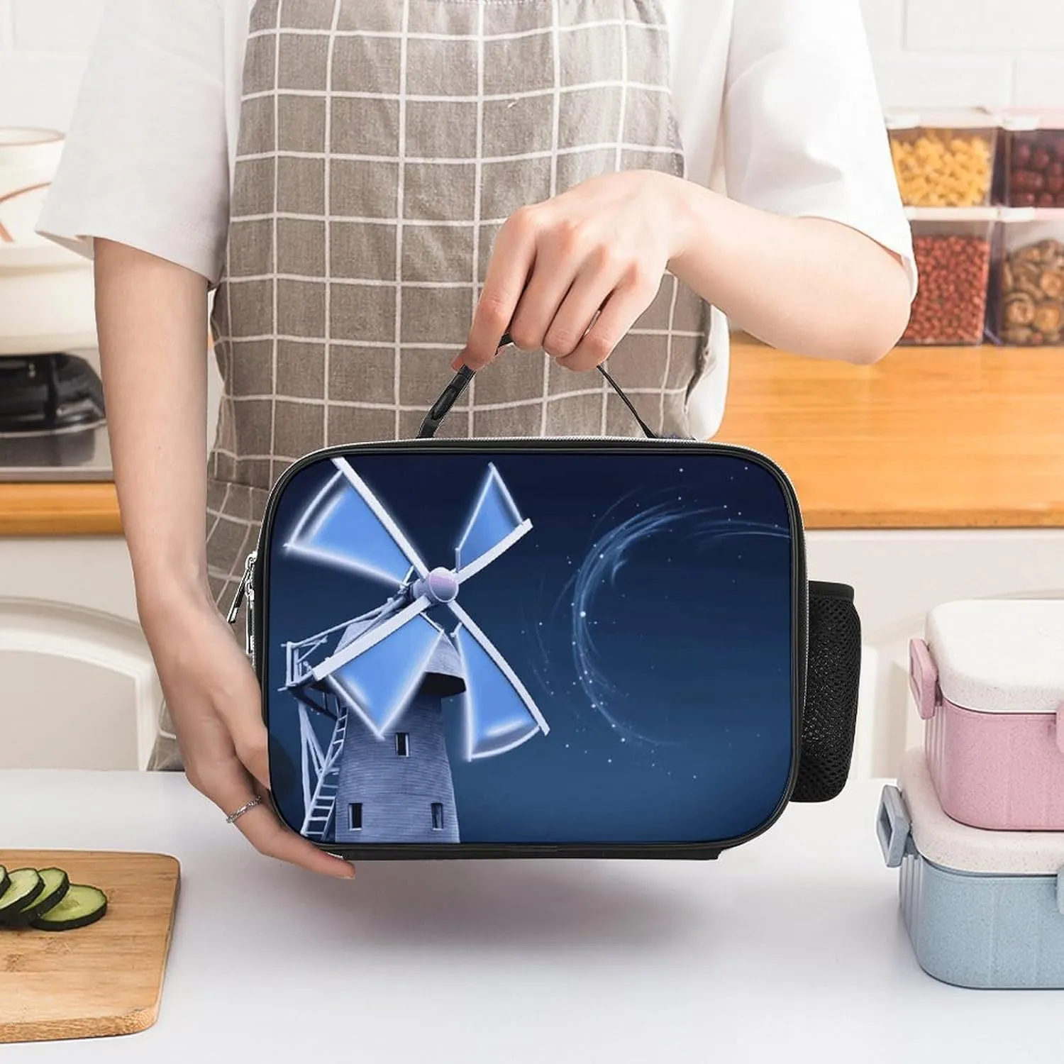 Insulated Lunch Bags for Women Windmill Blue Reusable Lunch Boxes Waterproof Shoulder Bag Lunch Cooler Bag for Work