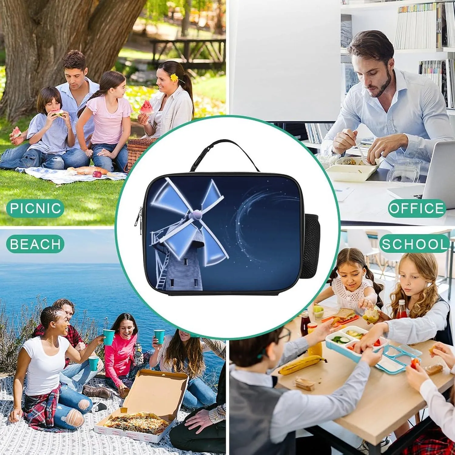 Insulated Lunch Bags for Women Windmill Blue Reusable Lunch Boxes Waterproof Shoulder Bag Lunch Cooler Bag for Work