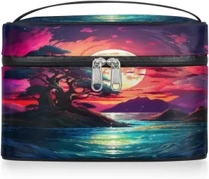 Interstellar Sunset Seascape Makeup Bag,Space Landscape Portable Cosmetic Bag, Large Capacity Travel Toiletry Bag Wash Bag with Compartments and Handles- Cosmetic Case Organizer for Ladies Traveling