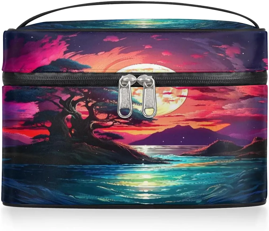 Interstellar Sunset Seascape Makeup Bag,Space Landscape Portable Cosmetic Bag, Large Capacity Travel Toiletry Bag Wash Bag with Compartments and Handles- Cosmetic Case Organizer for Ladies Traveling