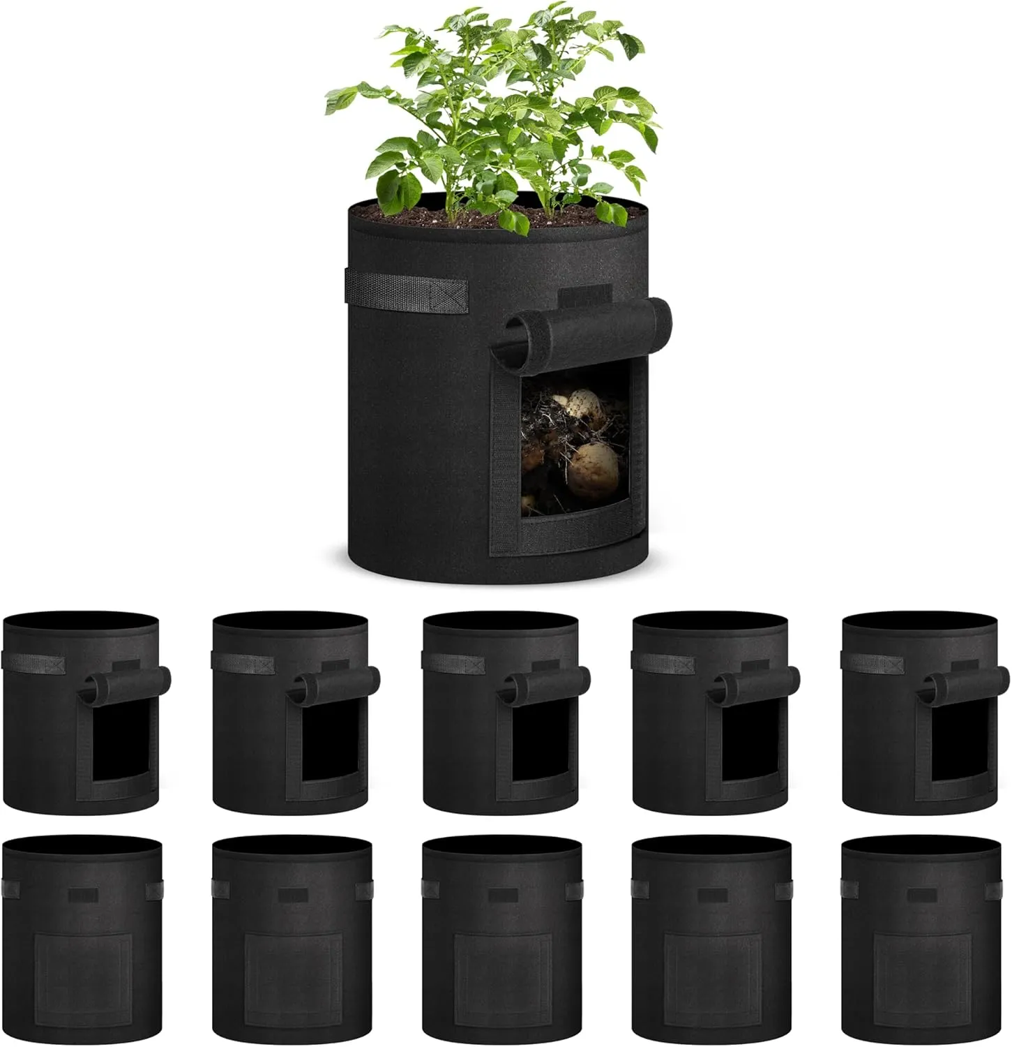 iPower 10-Pack 7-Gallon Potato Grow Bags Thickened Non-Woven Aeration Fabric Container Planter Pots with Handle, Access Flap and Visual Window, Easy to Harvest, for Tomato, Vegetables
