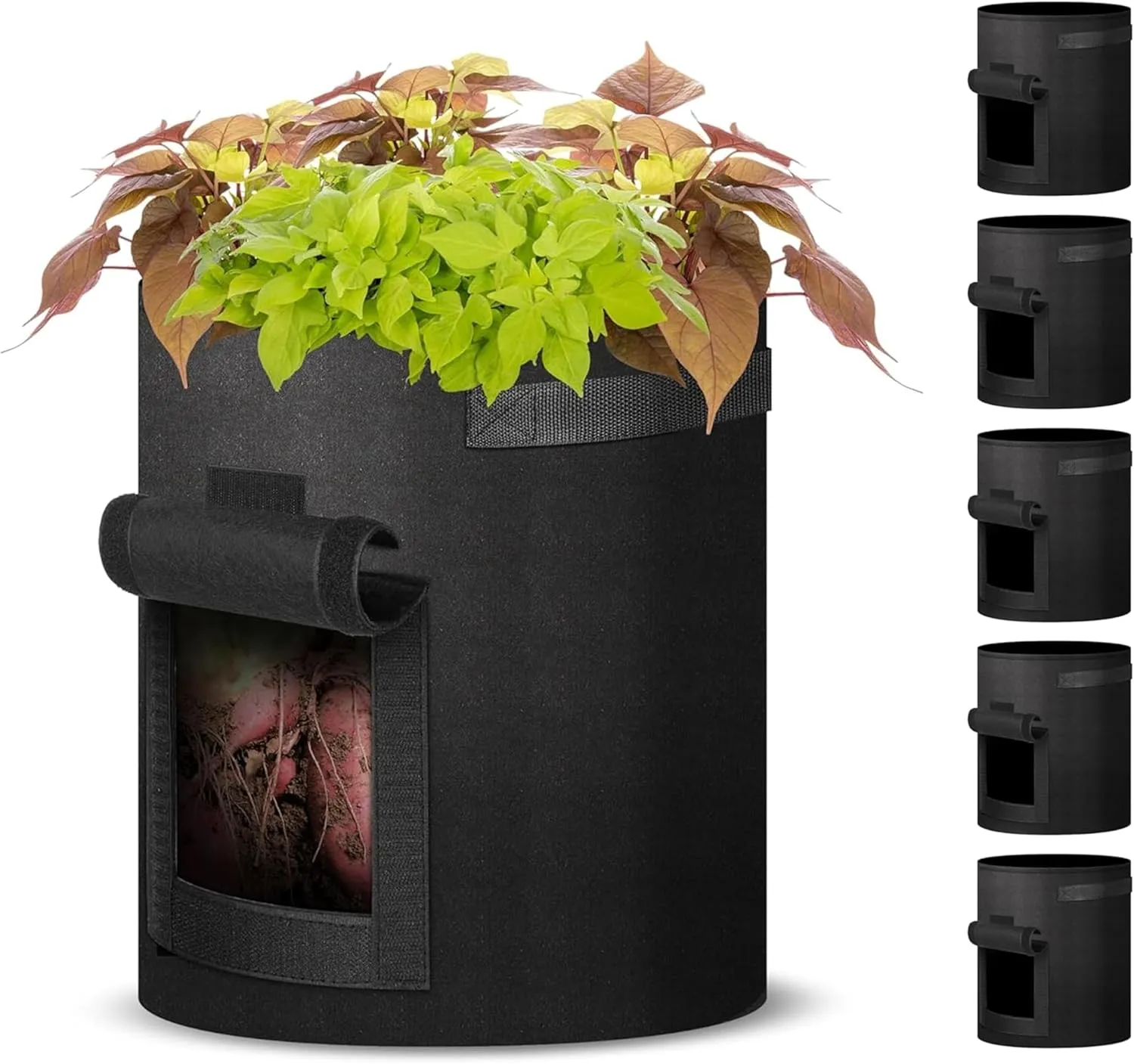 iPower 5-Pack 10-Gallon Potato Grow Bags Planter Pots with Handle, Access Flap and Visual Window, Easy to Harvest, Thickened Non-Woven Aeration Fabric Container for Tomato, Carrot, Fruits, Vegetables