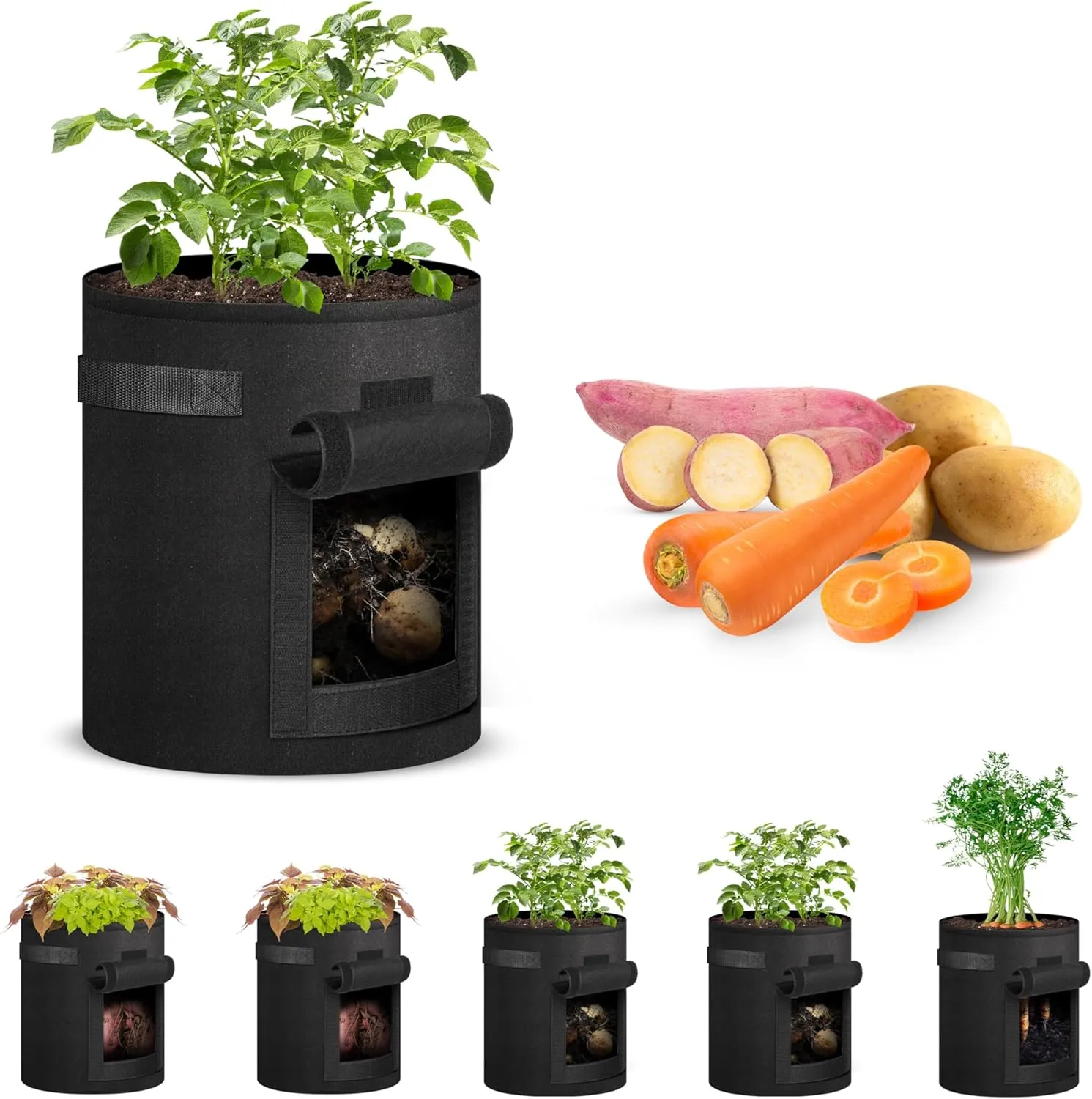 iPower 7 Gallon Potato Grow Bags with Flap, 5-Pack Thick Nonwoven Fabric Planter Pot with Handles and Harvest Window for Potato Tomato and Vegetables, Black