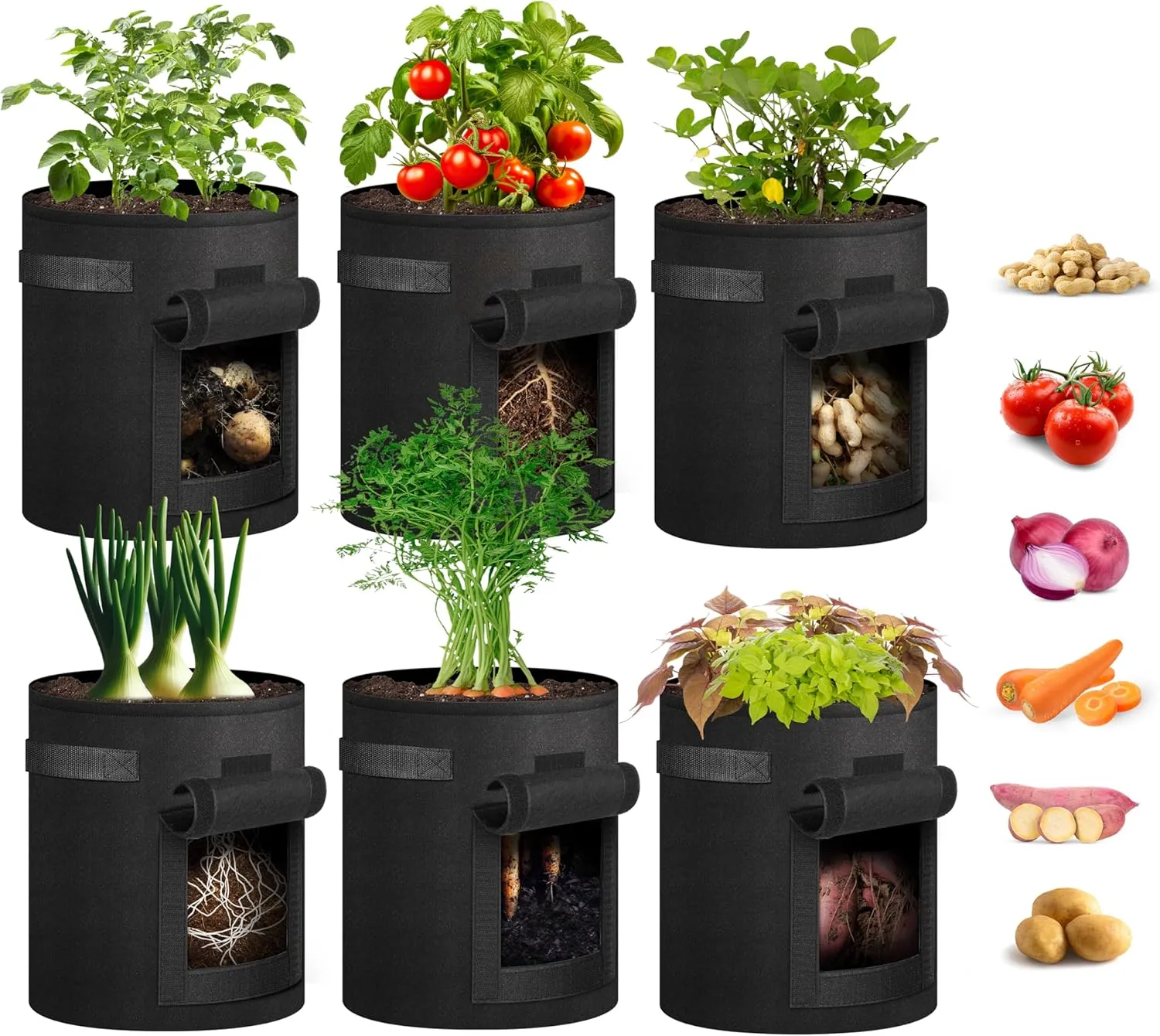 iPower Potato Grow Bags with Flap 7 Gallon 6 Pack, Garden Planting Pot with Durable Handle and Harvest Window, Thickened Nonwoven Fabric Container for Potato, Tomato, Carrot, Vegetable and Fruits