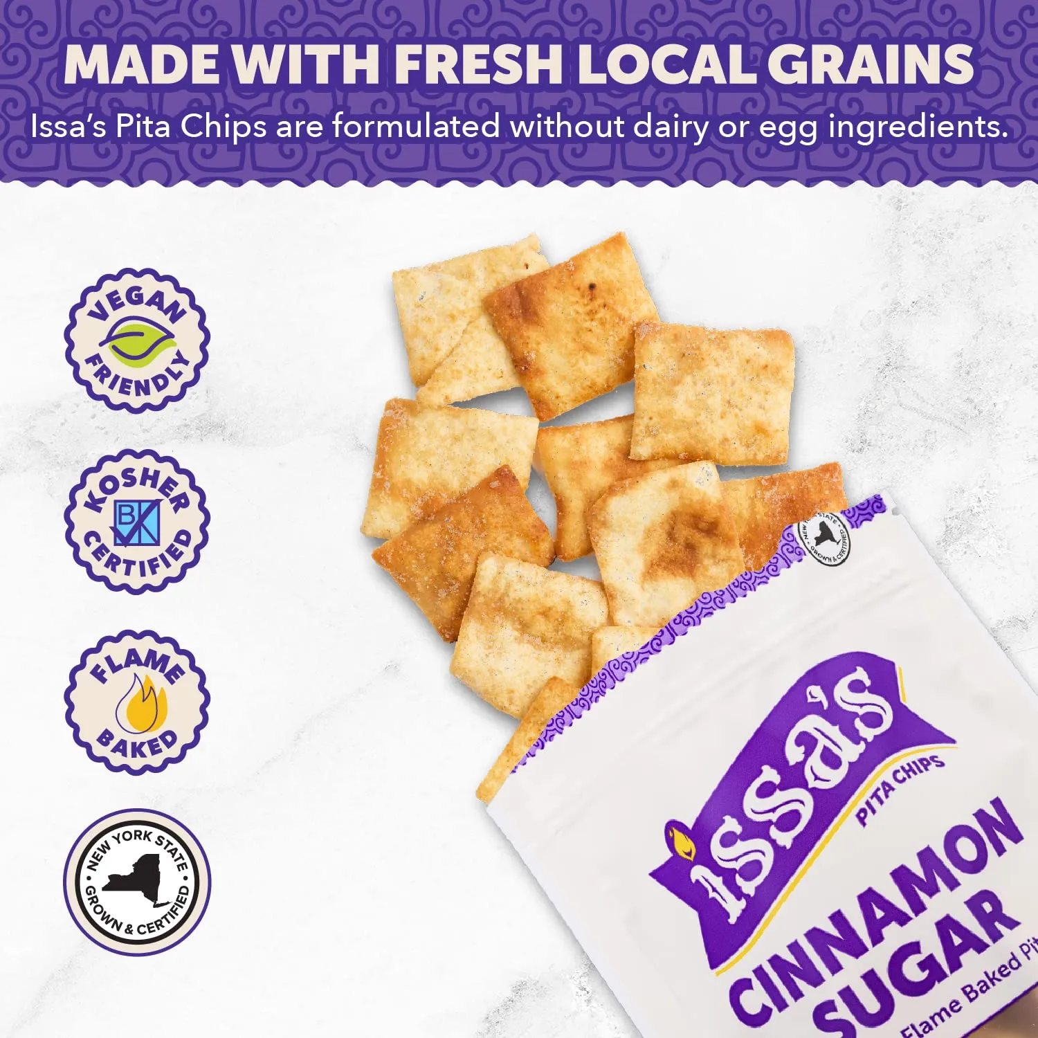 Issa's Pita Chips Lebanese Style Flame Baked Sweet Cinnamon Sugar Pita Chips | Kosher, Vegan, Crispy and Thin Pita Chips with No Preservatives | 6 Packs of 6oz Individual Bags of Pita Crisps