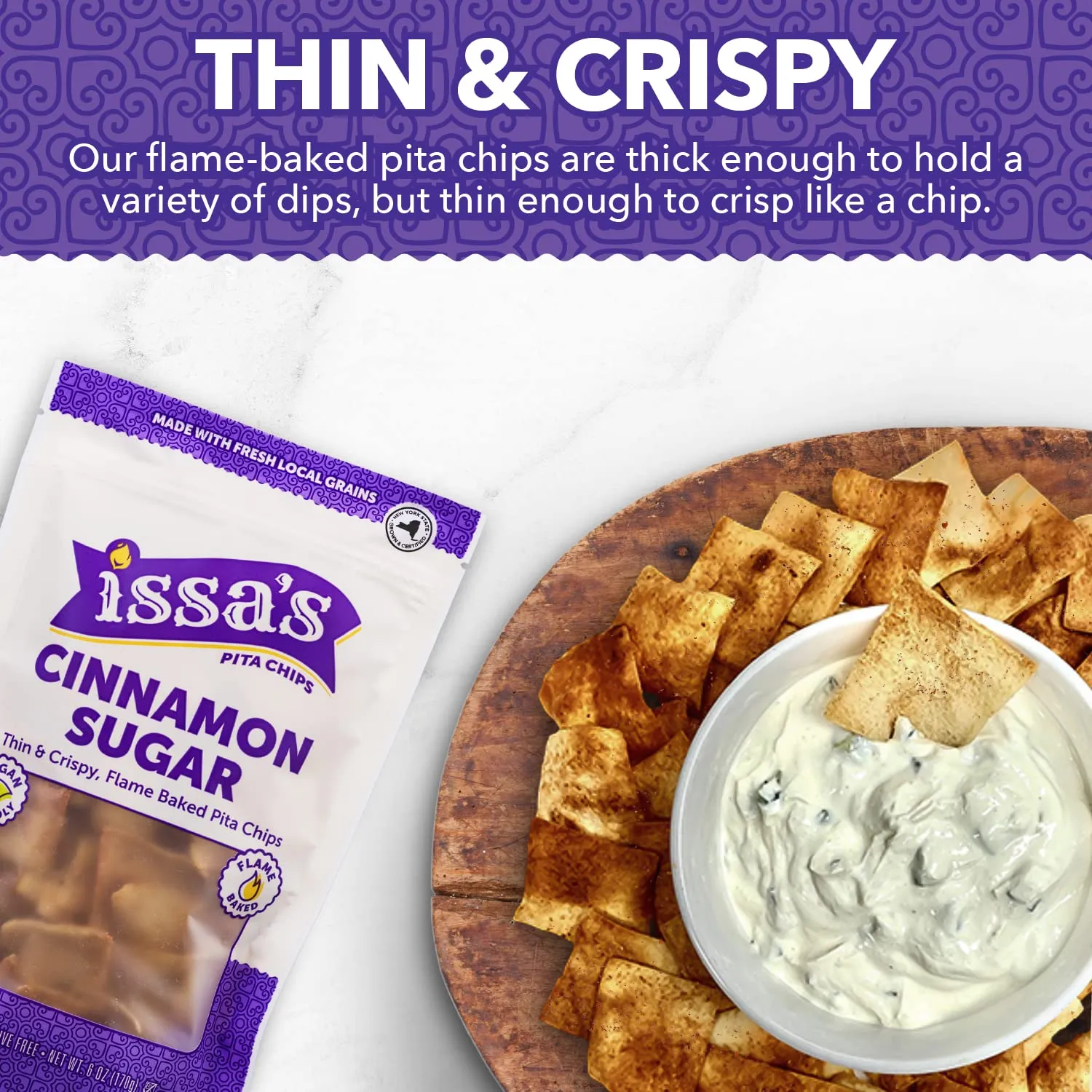 Issa's Pita Chips Lebanese Style Flame Baked Sweet Cinnamon Sugar Pita Chips | Kosher, Vegan, Crispy and Thin Pita Chips with No Preservatives | 6 Packs of 6oz Individual Bags of Pita Crisps