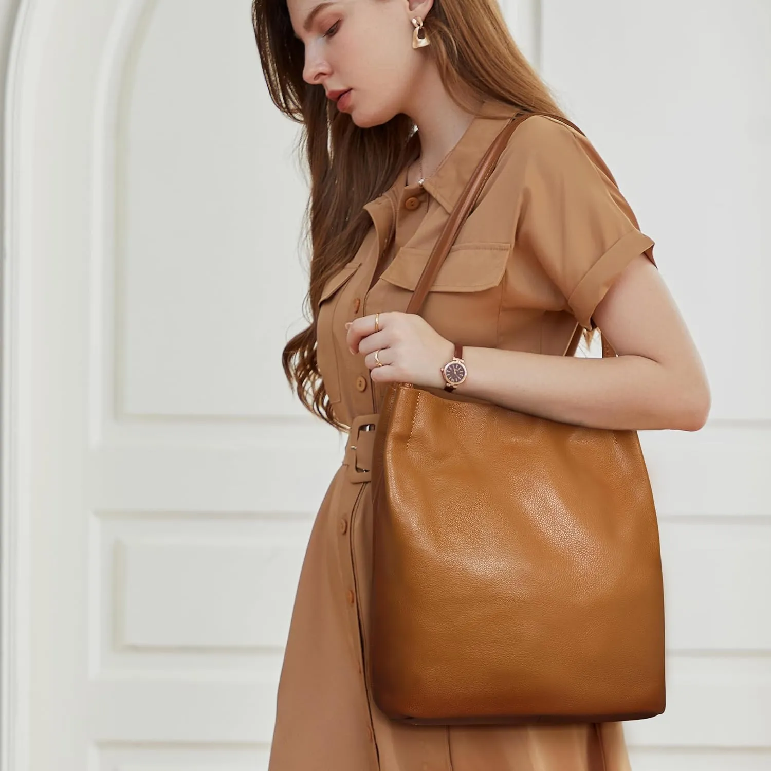 Iswee Genuine Leather Tote Bucket Bags Hobo Shoulder Bags Purse and Handbags for Women Trendy