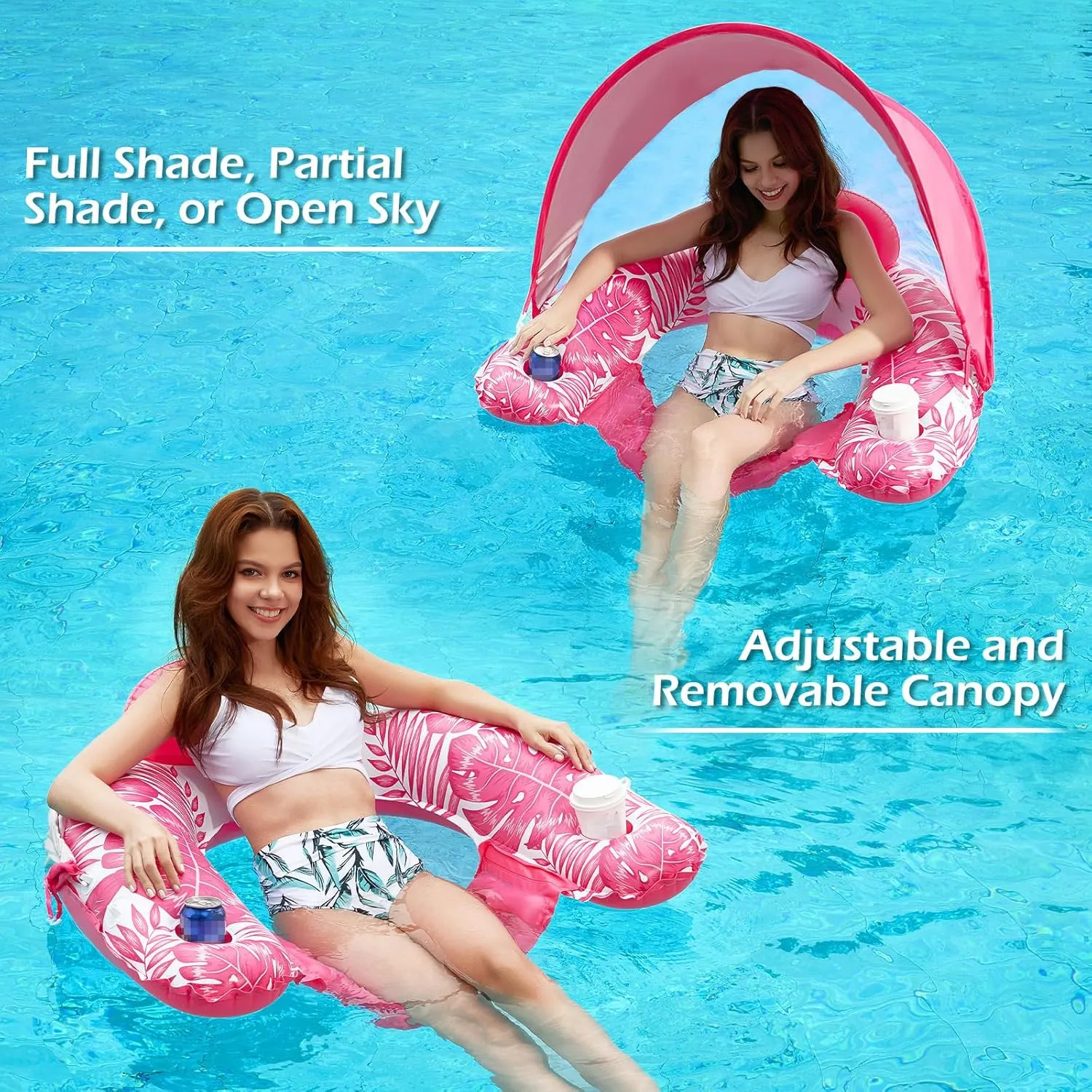 Jasonwell Pool Float with Canopy - Inflatable Pool Floaties Adult Floating Pool Chair Lounge Floats for Swimming Pool Water Chair Pool Lounger with Cup Holders Pool Toy Party Floaty for Adults