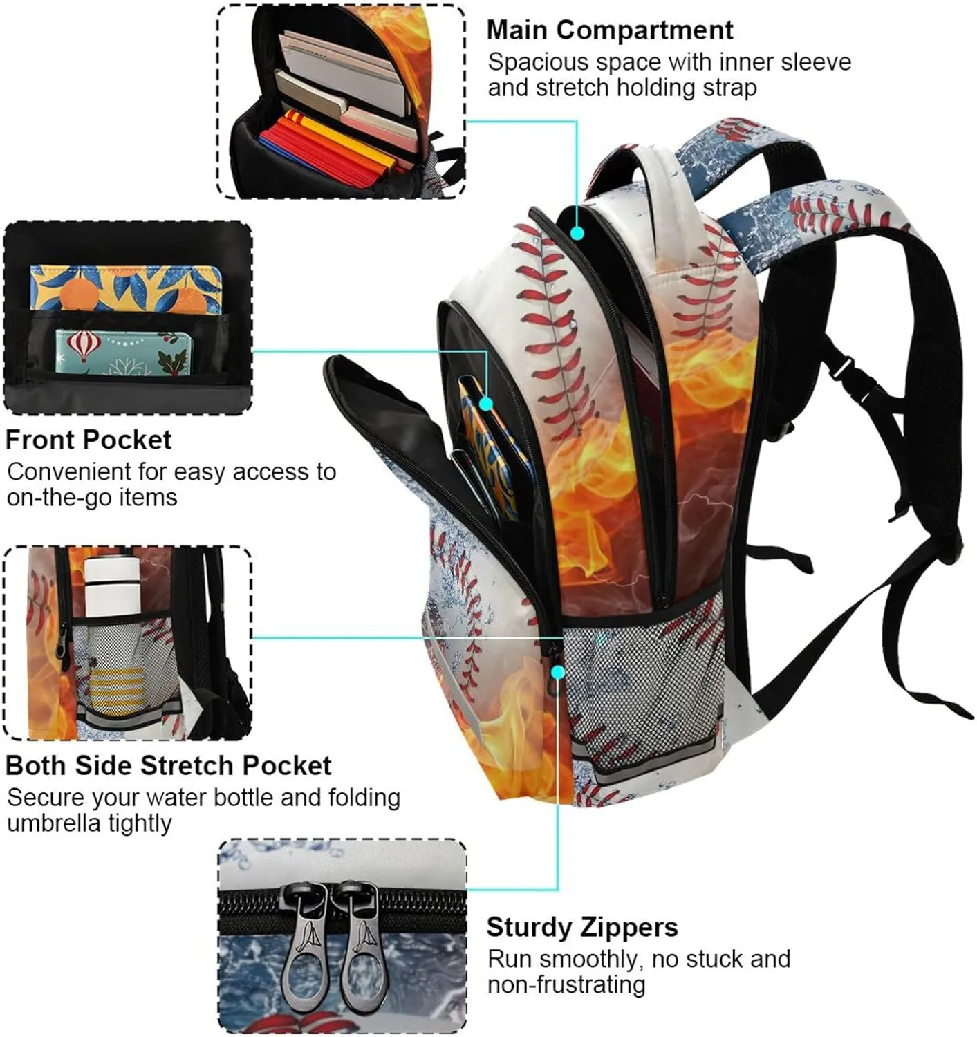 JIPONI Baseball Ball in Fire and Water Student Backpack For Boys Girls School Backpack Laptop Ipad Travel Book Bag