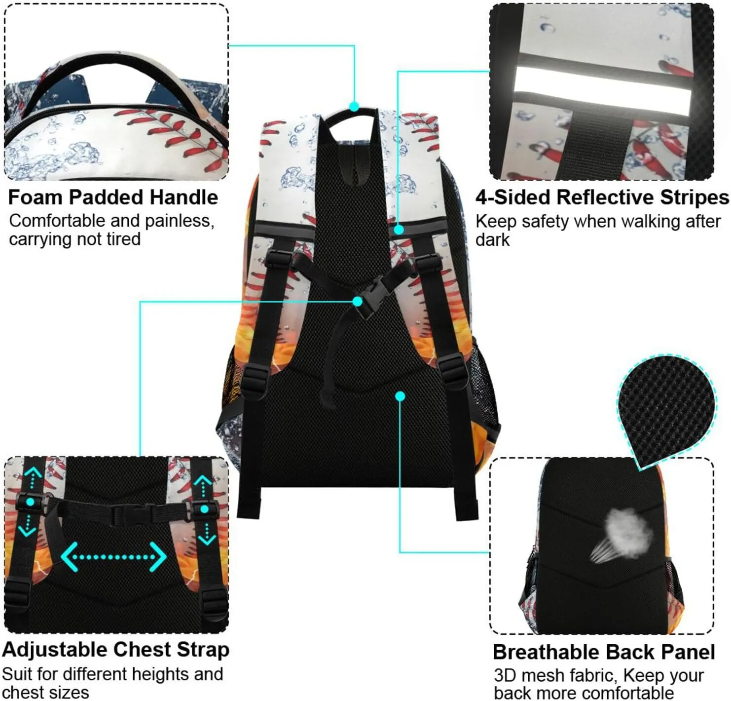 JIPONI Baseball Ball in Fire and Water Student Backpack For Boys Girls School Backpack Laptop Ipad Travel Book Bag