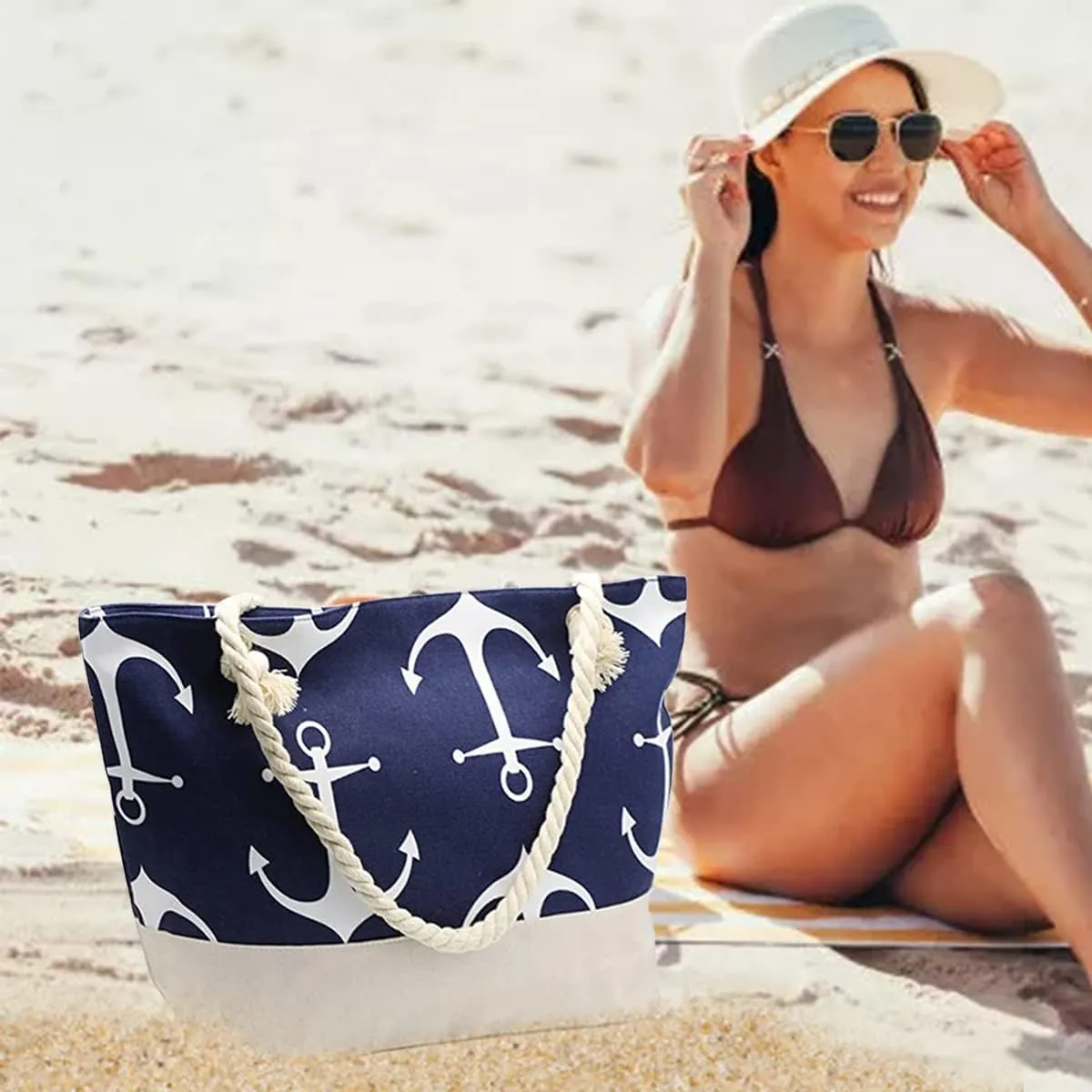 JNF Extra Large Canvas Beach Bags for Women Shoulder Bag Beach Tote Bag with Cotton Rope Handles
