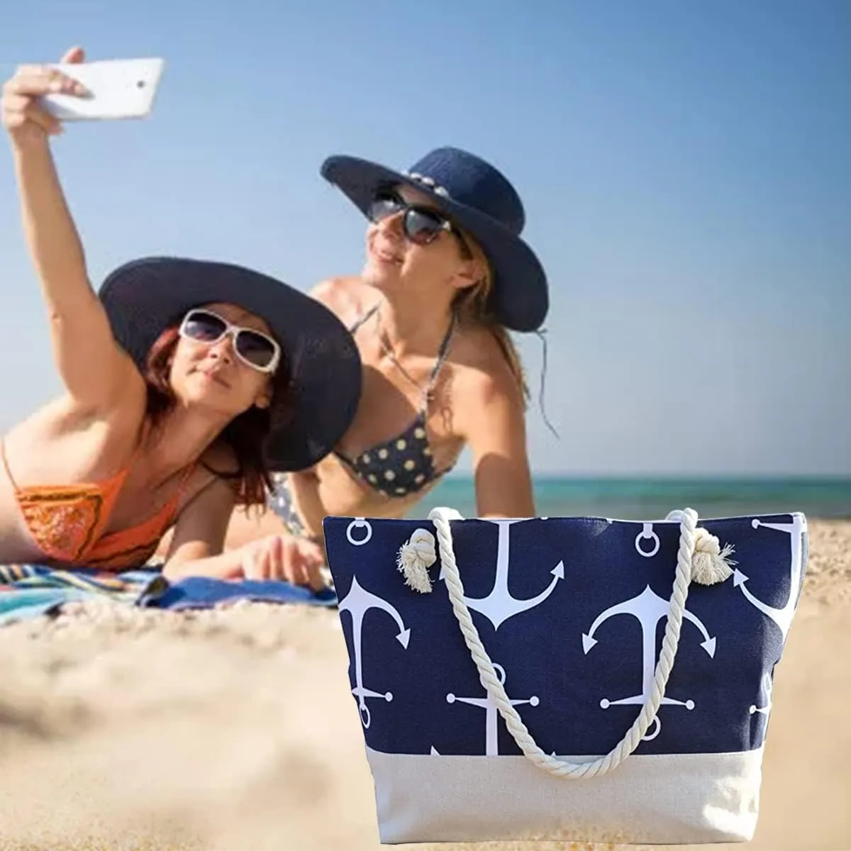 JNF Extra Large Canvas Beach Bags for Women Shoulder Bag Beach Tote Bag with Cotton Rope Handles