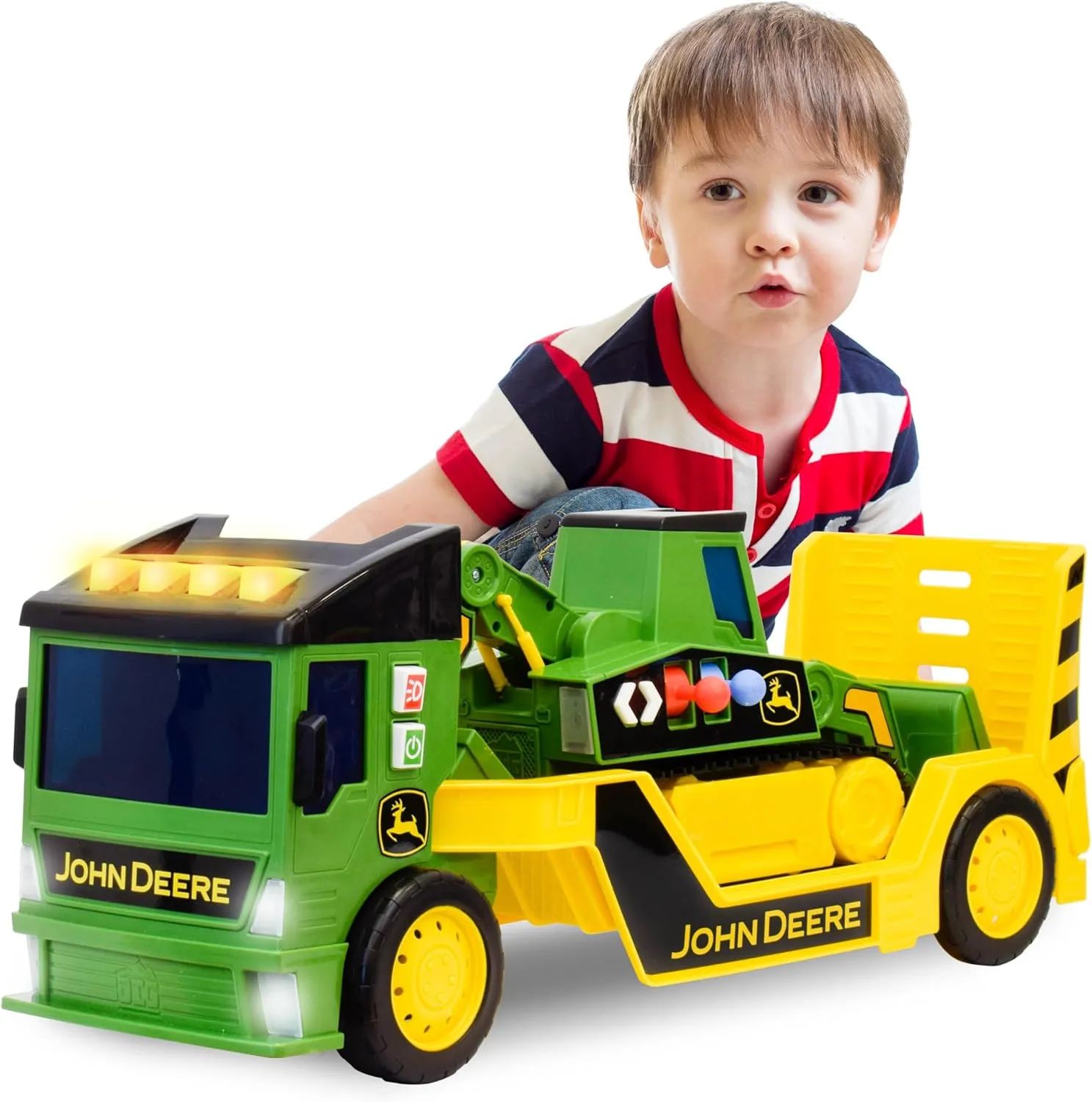 John Deere 2 Feet Extra Large 2-N-1 Mega Mover - Includes Two Large Toy Trucks with Lights, Sounds and Motorized Drive, Realistic Dump Truck and Trailer with Dual Joystick Controllers for Kids 3 