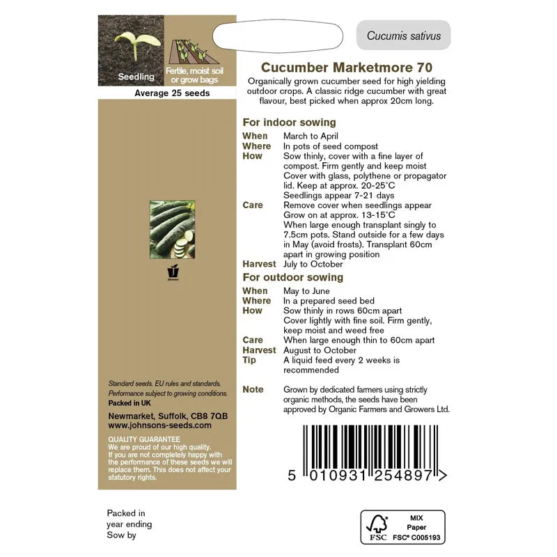 Johnsons Organic Cucumber Marketmore 70 Seeds