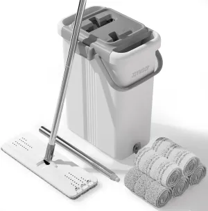JOYMOOP Mop and Bucket with Wringer Set, Flat Squeeze Mop with Bucket (X-Large), Dust Mop for Wall Cleaner with Long Handle, Microfiber Mop - White Bucket with 5 Reusable 15" Pads
