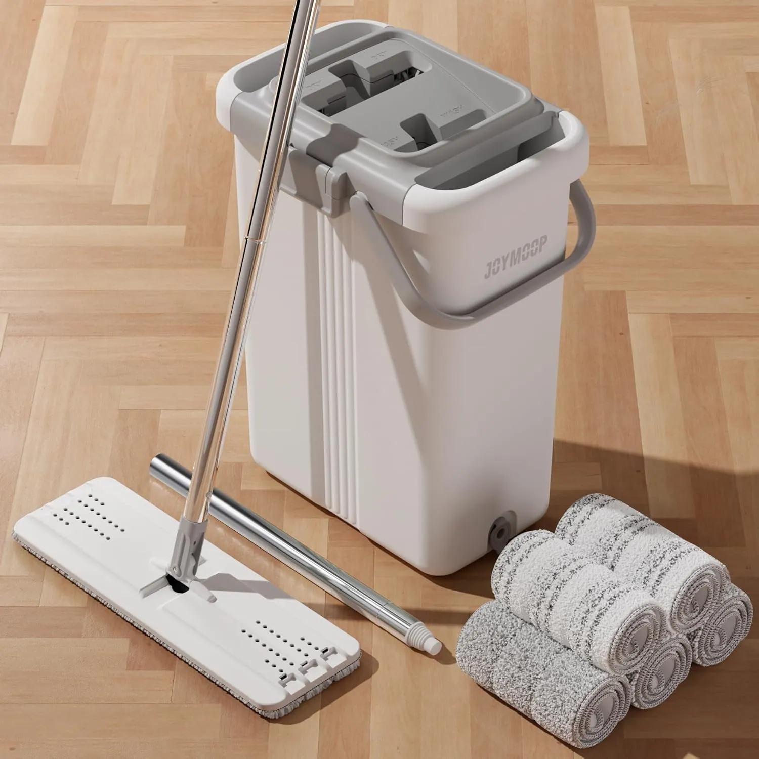 JOYMOOP Mop and Bucket with Wringer Set, Flat Squeeze Mop with Bucket (X-Large), Dust Mop for Wall Cleaner with Long Handle, Microfiber Mop - White Bucket with 5 Reusable 15" Pads