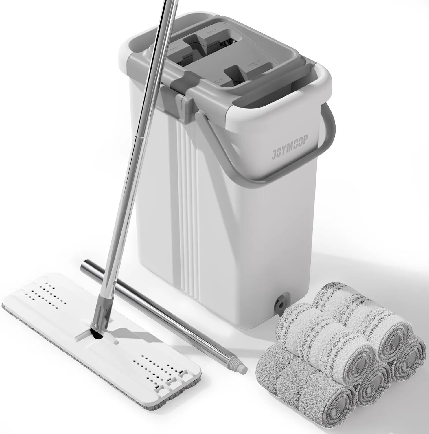 JOYMOOP Mop and Bucket with Wringer Set, Flat Squeeze Mop with Bucket (X-Large), Dust Mop for Wall Cleaner with Long Handle, Microfiber Mop - White Bucket with 5 Reusable 15" Pads