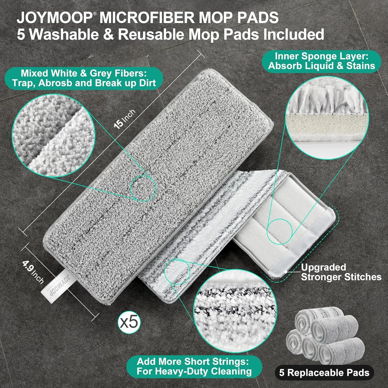 JOYMOOP Mop and Bucket with Wringer Set, Flat Squeeze Mop with Bucket (X-Large), Dust Mop for Wall Cleaner with Long Handle, Microfiber Mop - White Bucket with 5 Reusable 15" Pads