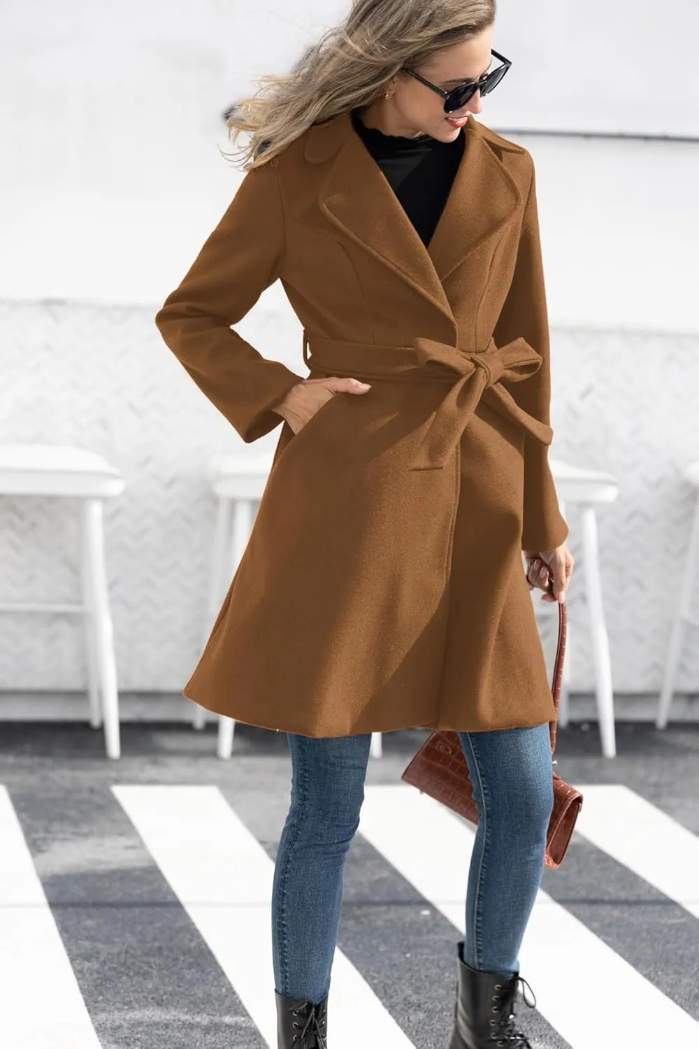 Kate Kasin Women A Line Peacoat Dress Coat Belted Notch Lapel Overcoat Fall Winter Trench Coats