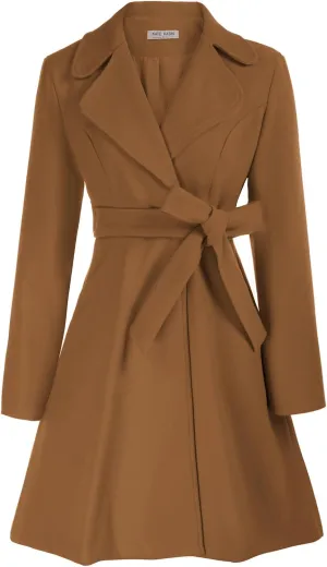 Kate Kasin Women A Line Peacoat Dress Coat Belted Notch Lapel Overcoat Fall Winter Trench Coats