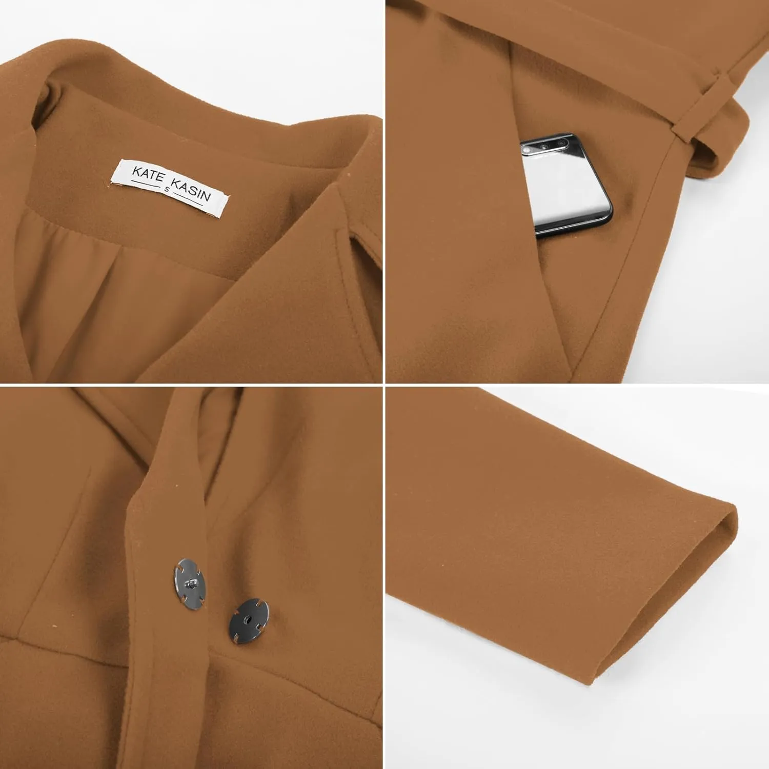Kate Kasin Women A Line Peacoat Dress Coat Belted Notch Lapel Overcoat Fall Winter Trench Coats