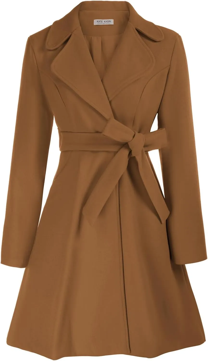Kate Kasin Women A Line Peacoat Dress Coat Belted Notch Lapel Overcoat Fall Winter Trench Coats