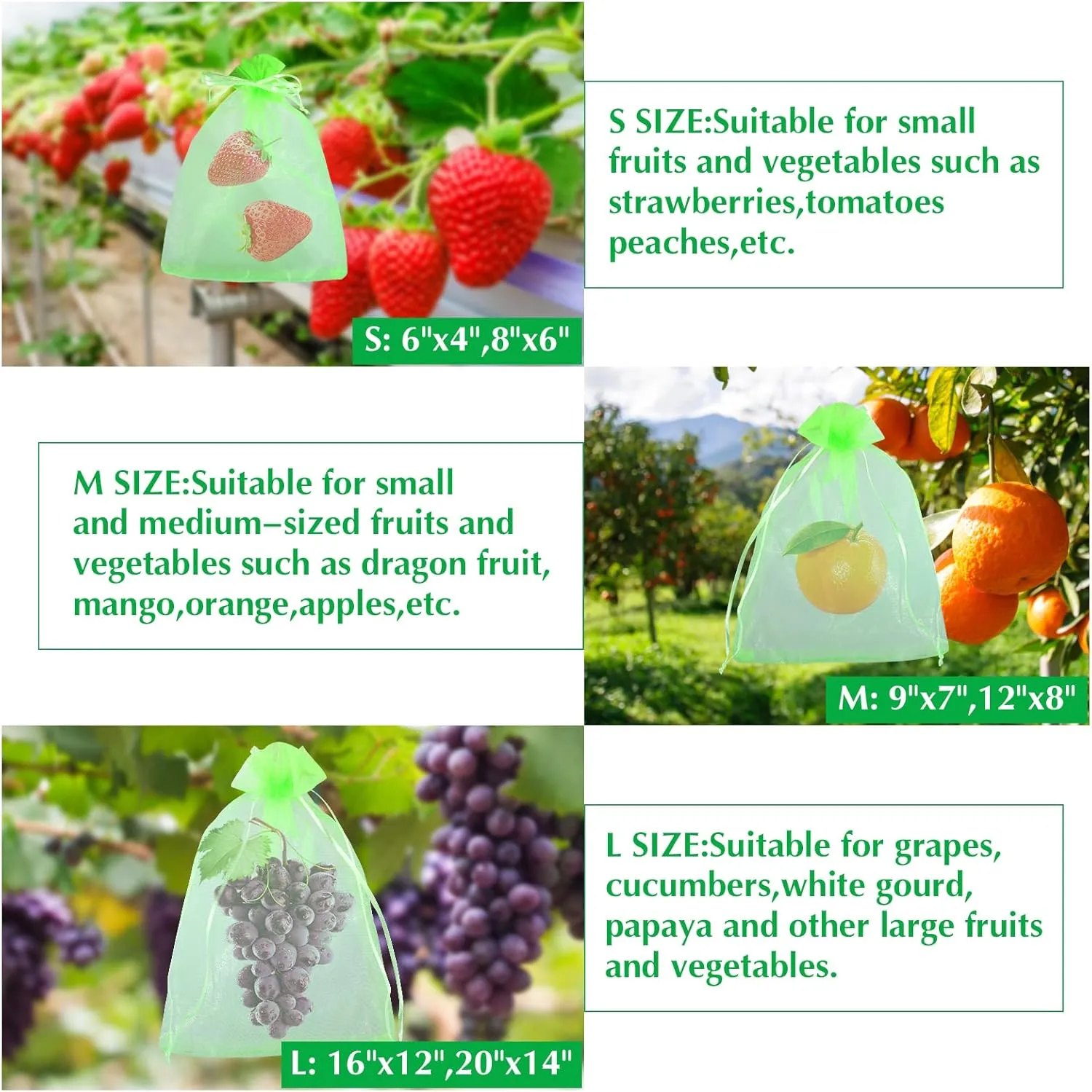Kikhope 100 Pcs Fruit Protection Bags, 8''×6'' Garden Fruit Cover Mesh Bag, Fruit Netting Bags with Drawstring for Fruit Trees to Protect Fruit from Birds and Insect, Green