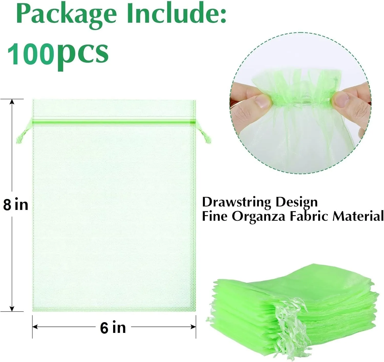 Kikhope 100 Pcs Fruit Protection Bags, 8''×6'' Garden Fruit Cover Mesh Bag, Fruit Netting Bags with Drawstring for Fruit Trees to Protect Fruit from Birds and Insect, Green