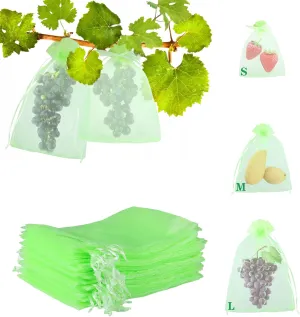 Kikhope 100 Pcs Fruit Protection Bags, 8''×6'' Garden Fruit Cover Mesh Bag, Fruit Netting Bags with Drawstring for Fruit Trees to Protect Fruit from Birds and Insect, Green