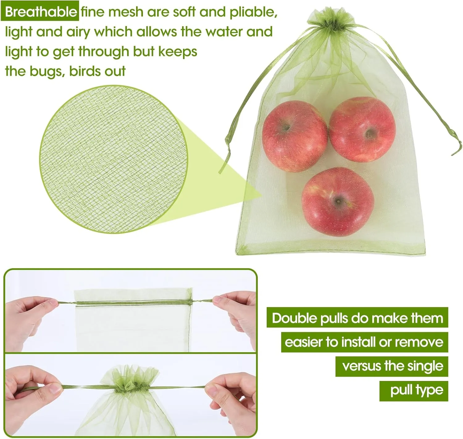 Kikhope 100pcs Fruit Protection Bags 6x9 inch, Fruit Netting Cover Bags with Drawstring Mesh Fruit Protectors Pest Barrier for Mangoes Tomatoes Fruit Trees Veggies Garden, Olive Green