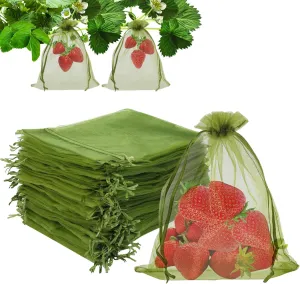 Kikhope 100pcs Fruit Protection Bags 6x9 inch, Fruit Netting Cover Bags with Drawstring Mesh Fruit Protectors Pest Barrier for Mangoes Tomatoes Fruit Trees Veggies Garden, Olive Green