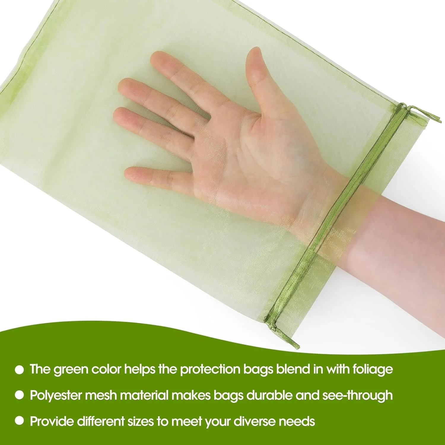 Kikhope 100pcs Fruit Protection Bags 6x9 inch, Fruit Netting Cover Bags with Drawstring Mesh Fruit Protectors Pest Barrier for Mangoes Tomatoes Fruit Trees Veggies Garden, Olive Green
