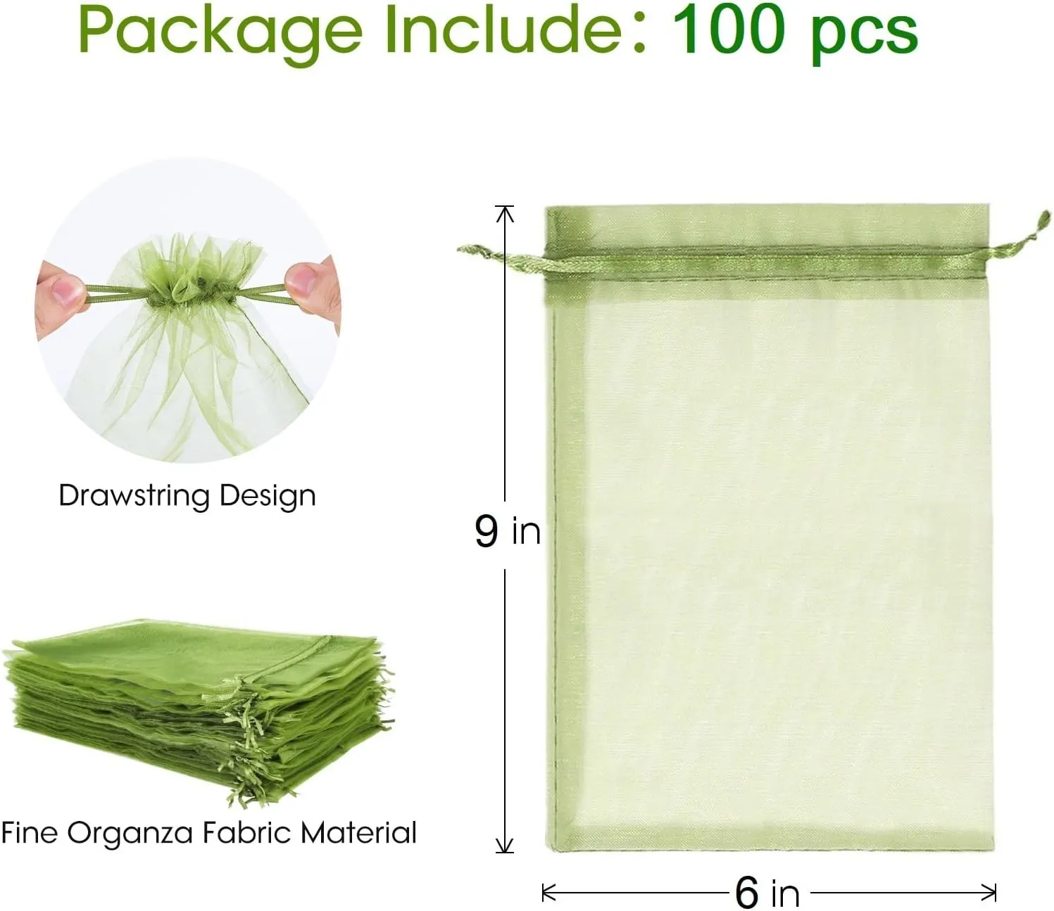 Kikhope 100pcs Fruit Protection Bags 6x9 inch, Fruit Netting Cover Bags with Drawstring Mesh Fruit Protectors Pest Barrier for Mangoes Tomatoes Fruit Trees Veggies Garden, Olive Green