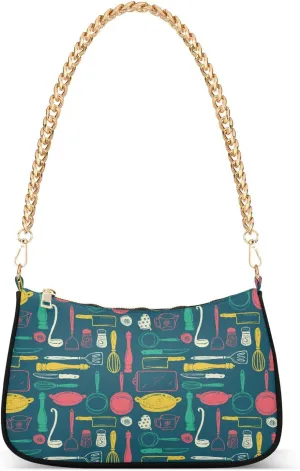 Kitchen Utensils Tools Shoulder Bag for Women Hobo Tote Handbag Gold Chain Crossbody Bag with Zipper Clutch Purse Handbags