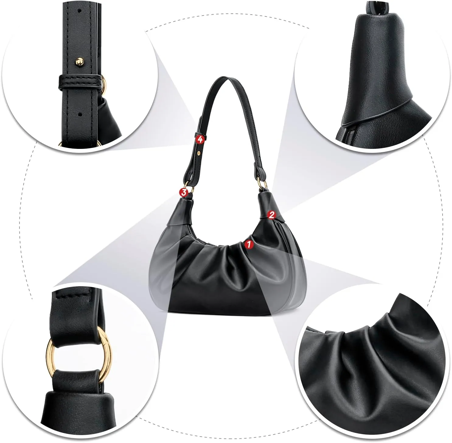 KKXIU Shoulder Bag Crescent Handbag Ruched Purse Underarm Bag Mini Hobo for Women,Detachable Gold Chain Crossbody Bag