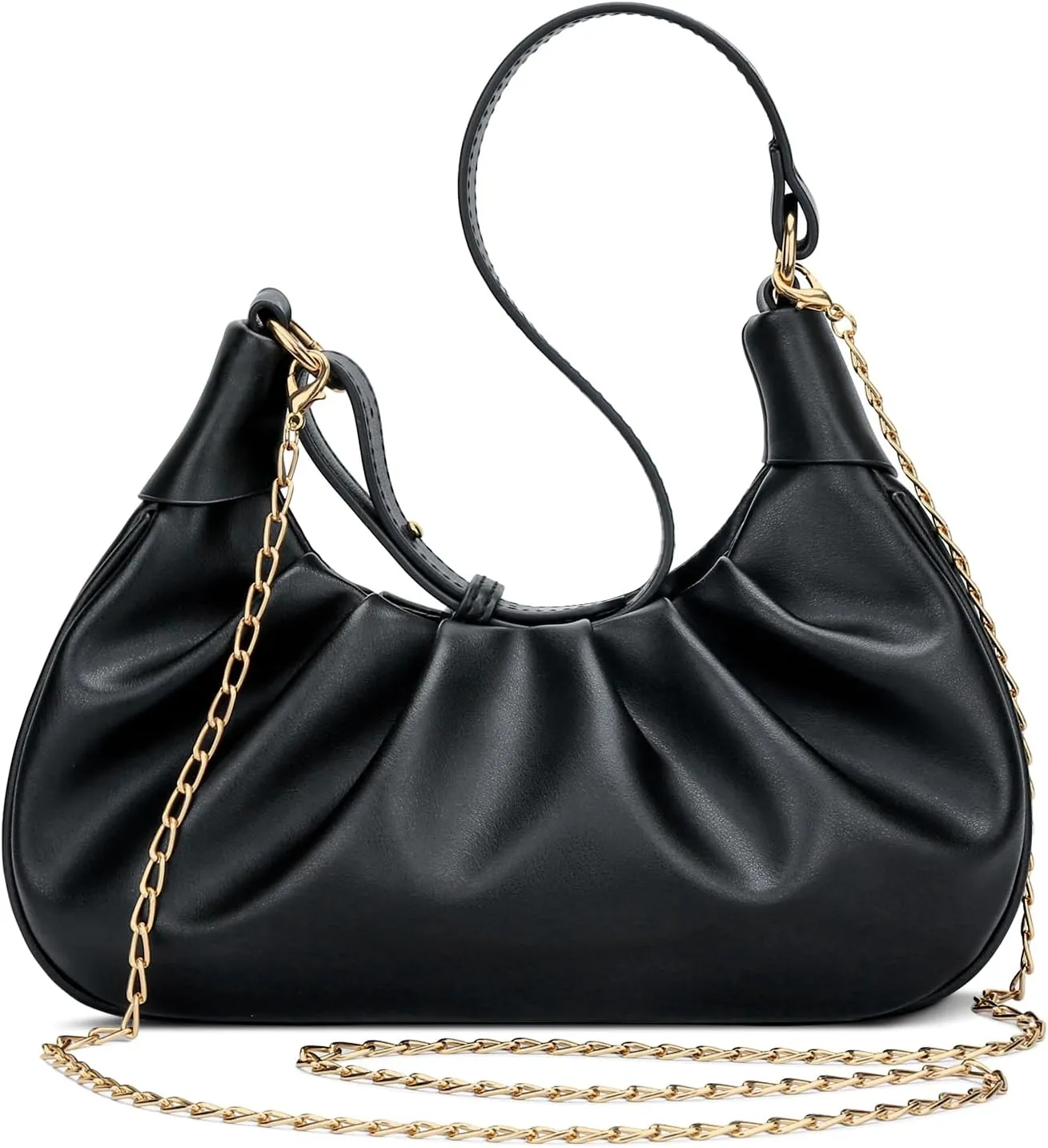 KKXIU Shoulder Bag Crescent Handbag Ruched Purse Underarm Bag Mini Hobo for Women,Detachable Gold Chain Crossbody Bag