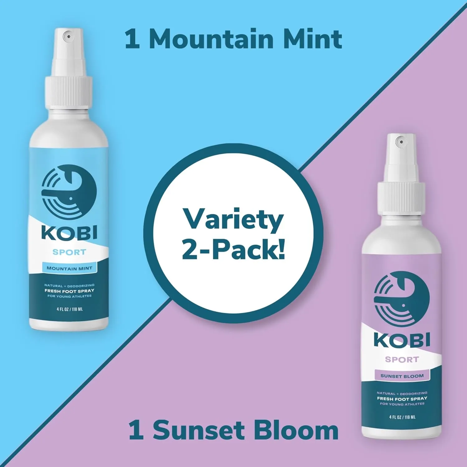 Kobi Natural Foot Deodorant Spray - No More Stinky Kid Feet - Eliminates Foot & Shoe Odor - Kid-Safe Ingredients - Variety 2-Pack
