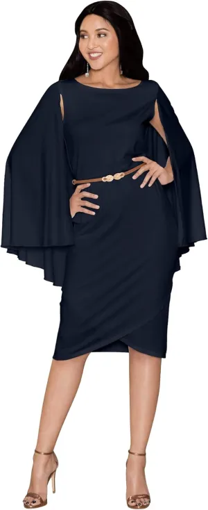 KOH KOH Womens Cape Long Sleeve Round Neck Cocktail with Leather Belt Mini Dress