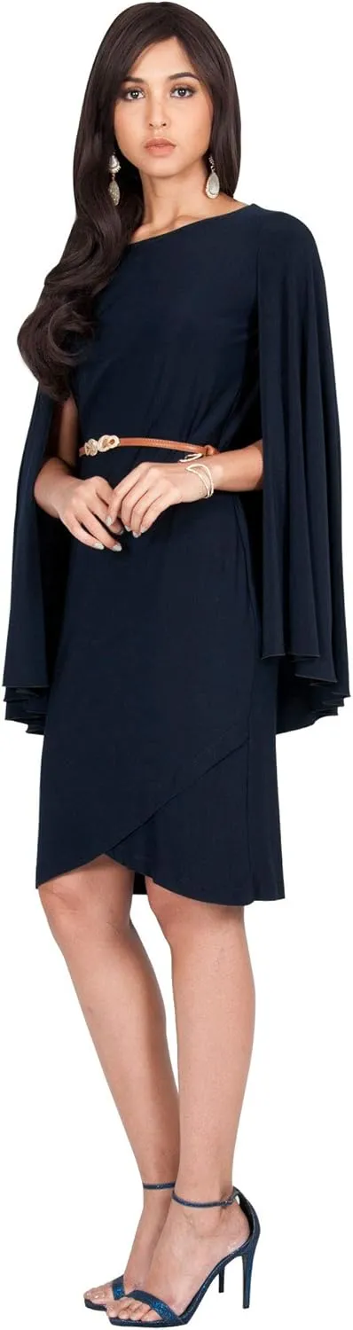 KOH KOH Womens Cape Long Sleeve Round Neck Cocktail with Leather Belt Mini Dress